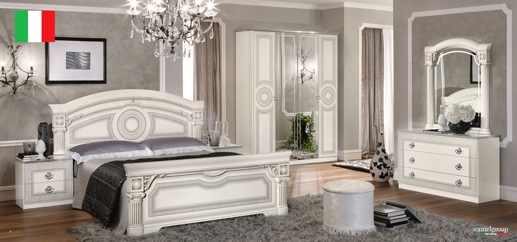 Bedroom Furniture Modern Bedrooms QS and KS Aida Bedroom, White w/Silver, Camelgroup Italy
