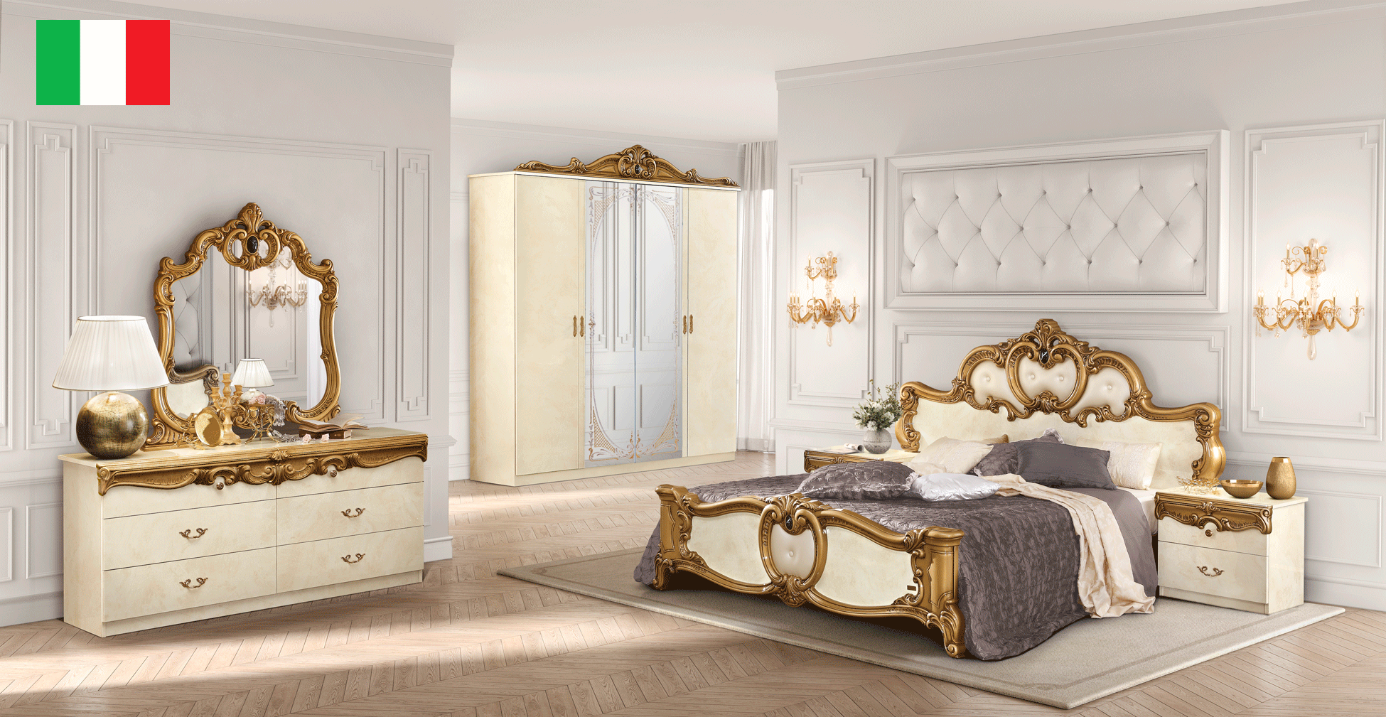 Brands Gamamobel Bedroom Sets, Spain Barocco Ivory w/Gold Bedroom