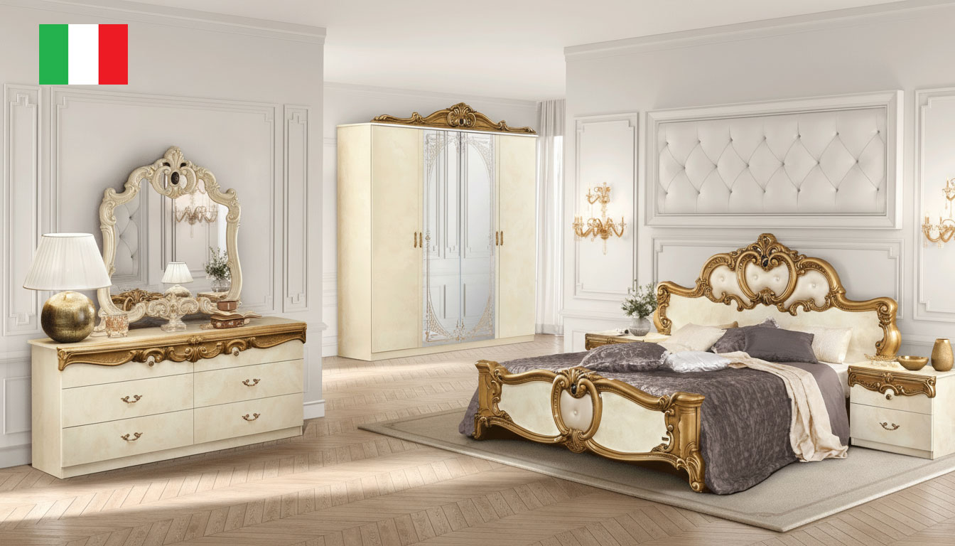 Barocco Ivory w/Gold Bedroom, Classic Bedrooms QS and KS, Bedroom Furniture