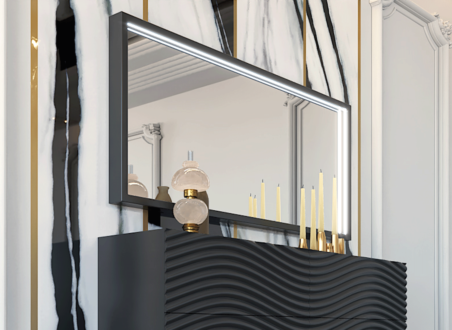 Brands Franco Furniture New BELLA Vanity Chest Wave DARK GREY mirror for Double dresser