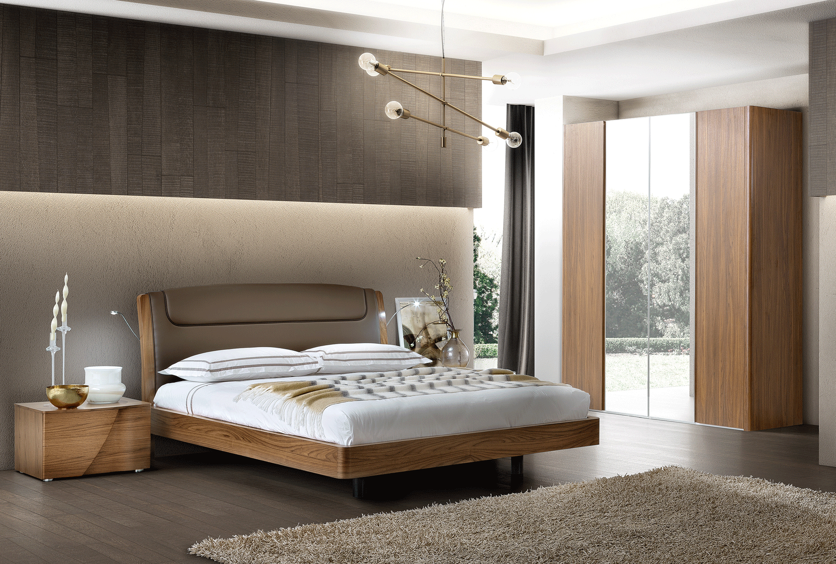 Brands Garcia Sabate, Modern Bedroom Spain Luna QS Bedroom Set **Dark Headboard (QS Upholstered Bed, 2xNight Stand, Dressing Table, Mirror)