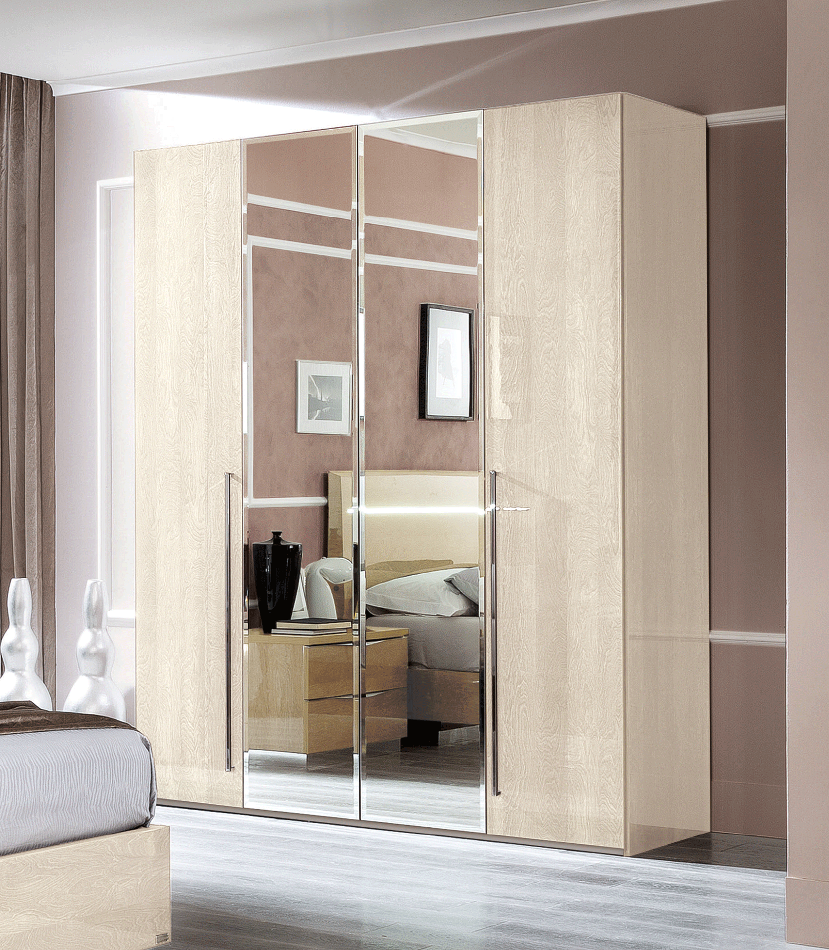 Bedroom Furniture Mirrors Maia/Platinum/Ambra 4 Door Wardrobe Betulla Sabbia