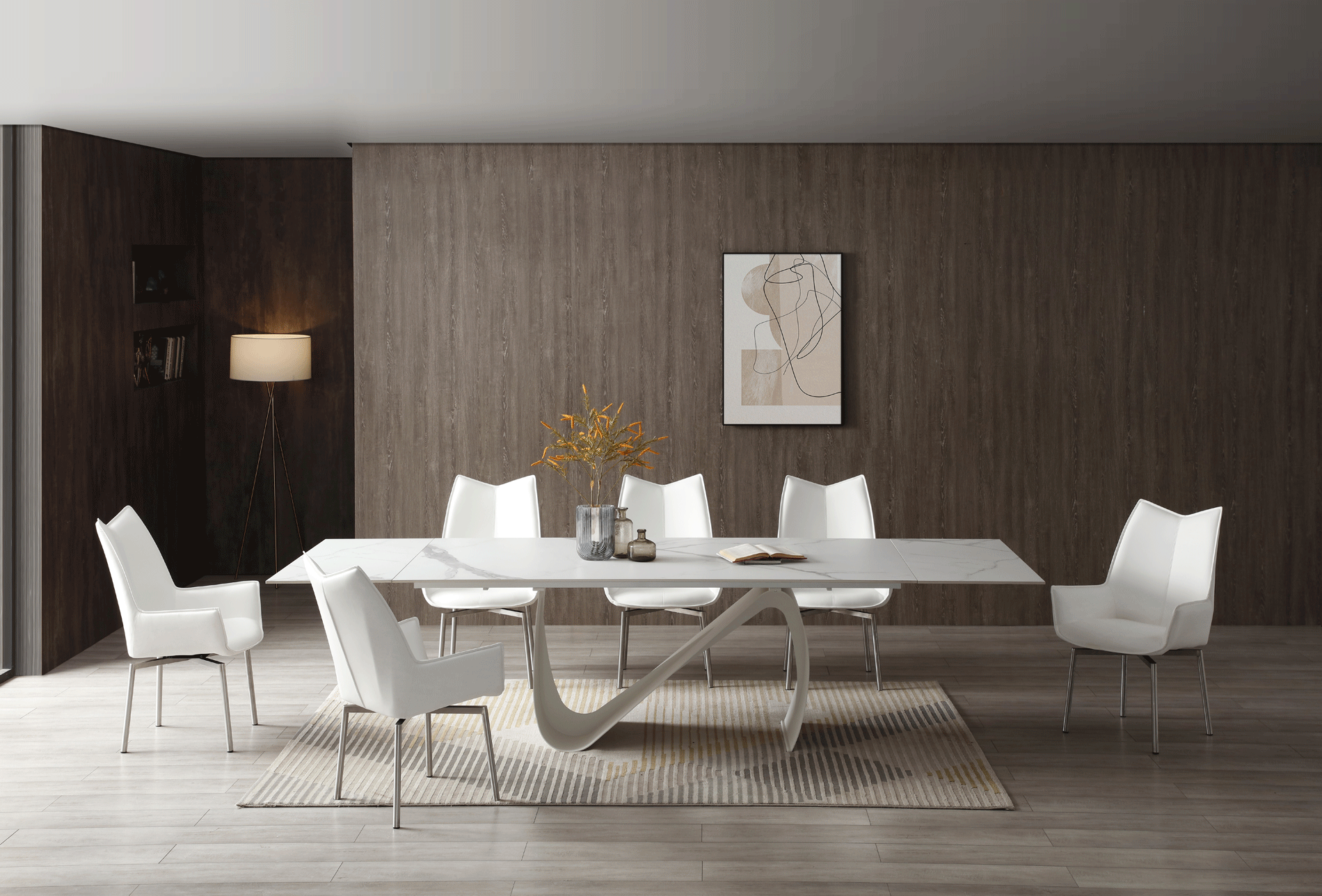 Brands Dupen Dining Rooms, Spain 9087 Table White with 1218 swivel white chair