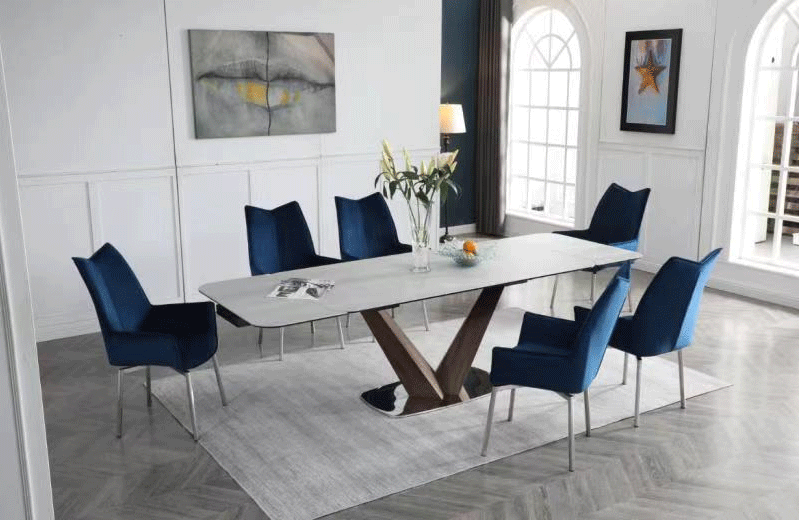 Dining Room Furniture Marble-Look Tables 9188 Table with 1218 swivel blue chairs