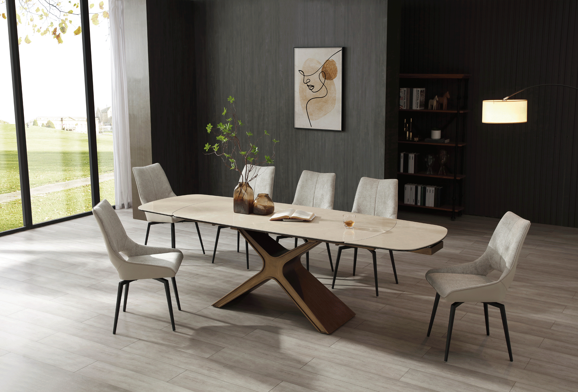 Brands Stella Living 2023 9368 Table Taupe with 1239 swivel beige chairs